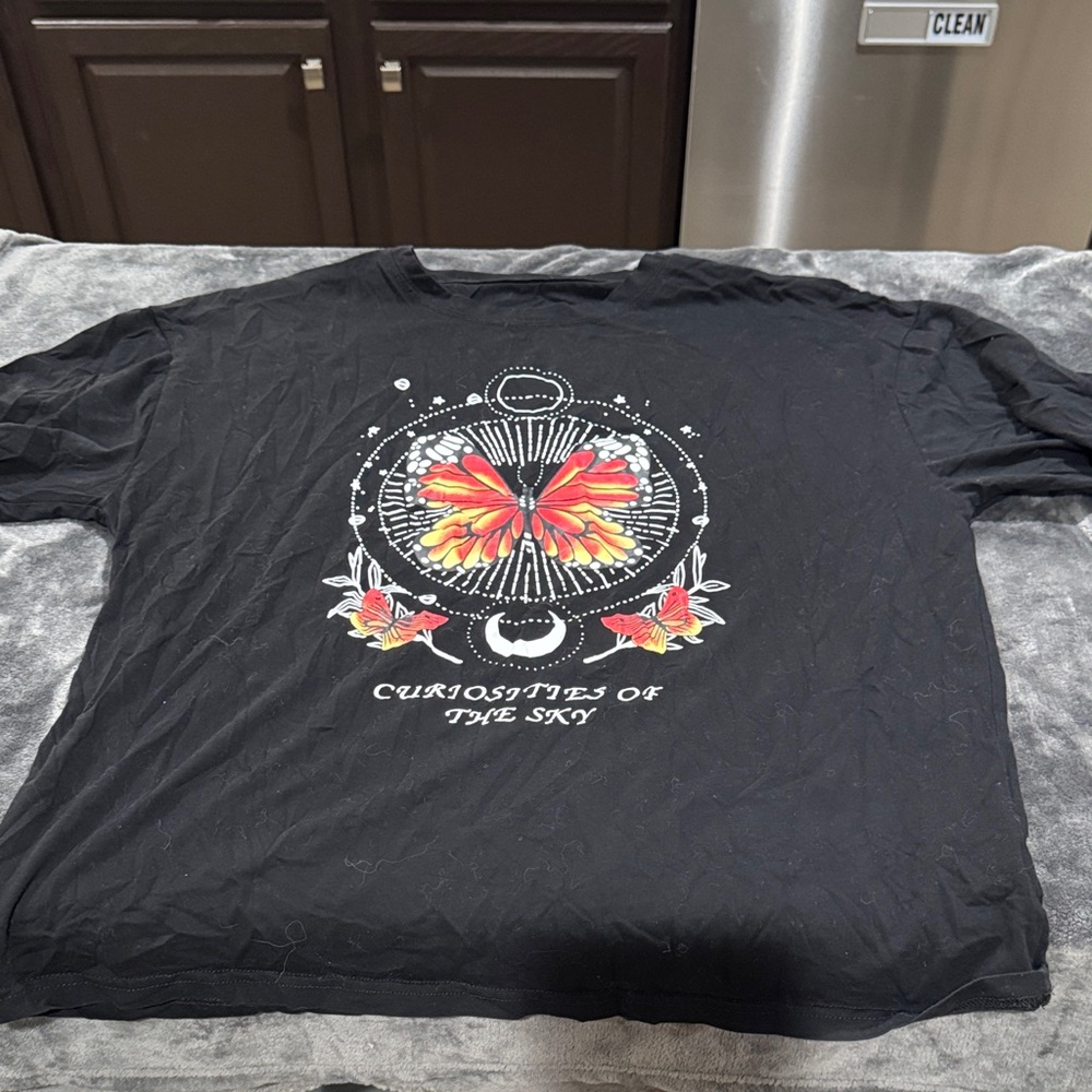 SHEIN Black Short Sleeve Tee with Red-Orange Butterfly Graphic